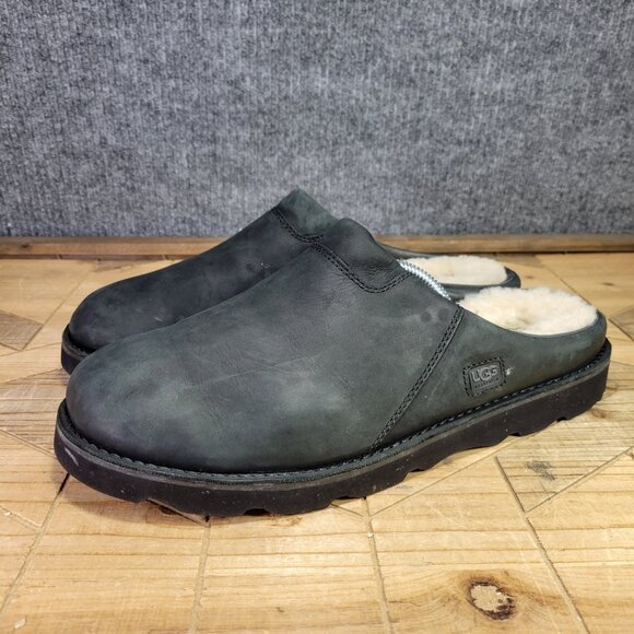 UGG Classic Clogs Men's 13 Smooth Black Leather Sheepskin Slip-On Slippers. - Picture 2 of 16